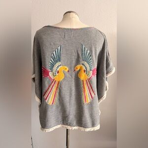 Judith March Gray Tunic with Colorful Bird Embroidery Large